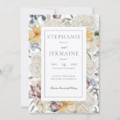 Invitation Mariage à cadre blanc et bleu jaune et blanc Flora (Devant)