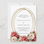 Invitation Mariage à cadre doré de fleurs rouges (Devant)
