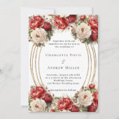 Invitation Mariage à cadre doré de fleurs rouges (Devant)