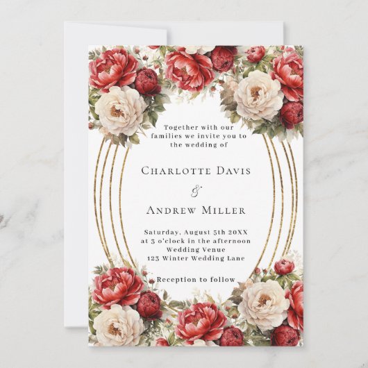 Invitation Mariage à cadre doré de fleurs rouges (Devant)