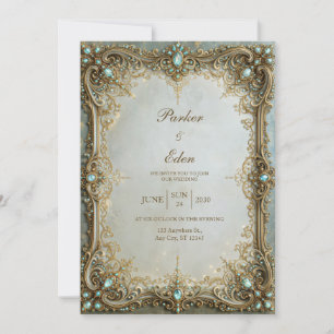 Invitation Mariage à Cadre Filigrane de Bijou Antique Aqua