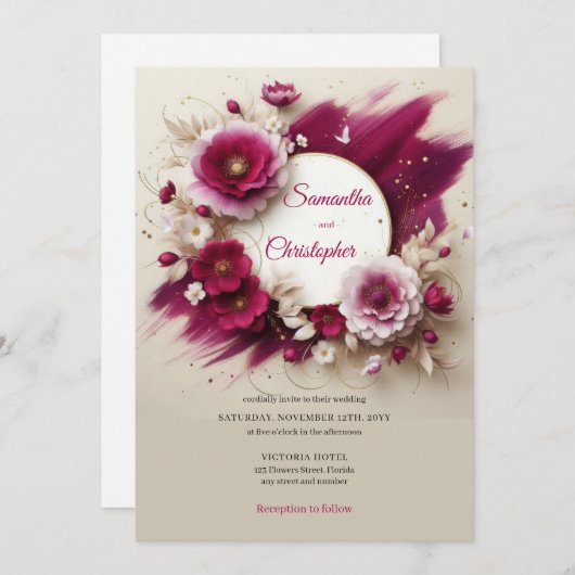 Invitation Mariage à cadre or et fleurs magenta opulentes (Devant / Derrière)
