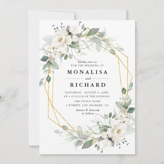 Invitation Mariage à cadre or fleuri blanc (Devant)
