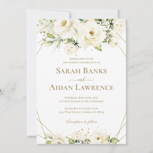 Invitation Mariage à cadre or rose blanche (Devant)