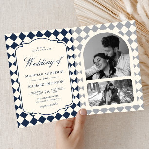 Invitation Mariage à carreaux bleu marine et ivoire à l'ancie