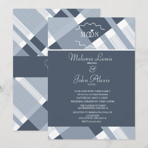 Invitation Mariage à carreaux bleu marine poussiéreux avec an