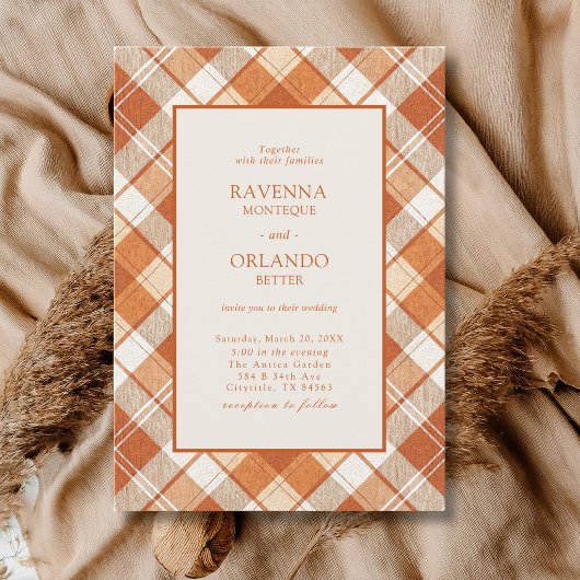 Invitation Mariage à carreaux Gingham orange vieilli