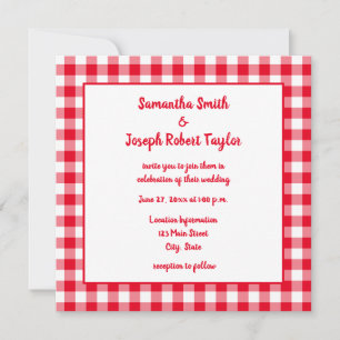 Invitation Mariage à carreaux Gingham rouge et blanc