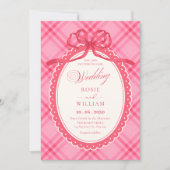 Invitation Mariage à carreaux gingham ruban rose (Devant)