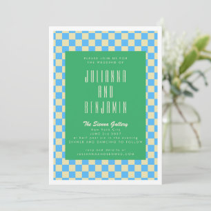 Invitation Mariage à carreaux rétro vert et bleu