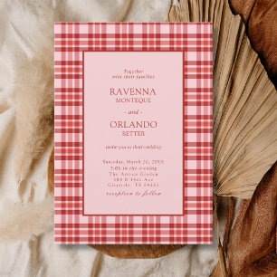 Invitation Mariage à carreaux rouge rose vintage Gingham Camp