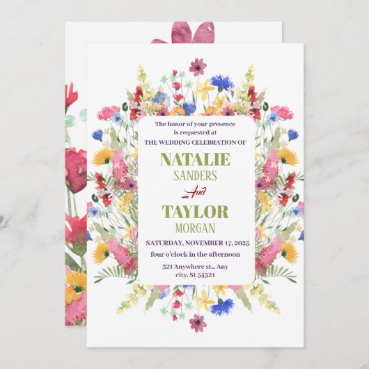 Invitation Mariage à charpente fleurie Jardin Fleur sauvage a (Devant / Derrière)