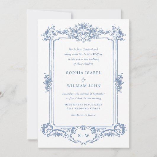 Invitation Mariage à charpente florale Bleu Victorien Orné Gr (Devant)