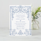 Invitation Mariage à charpente florale Bleu Victorien Orné Gr (Debout devant)