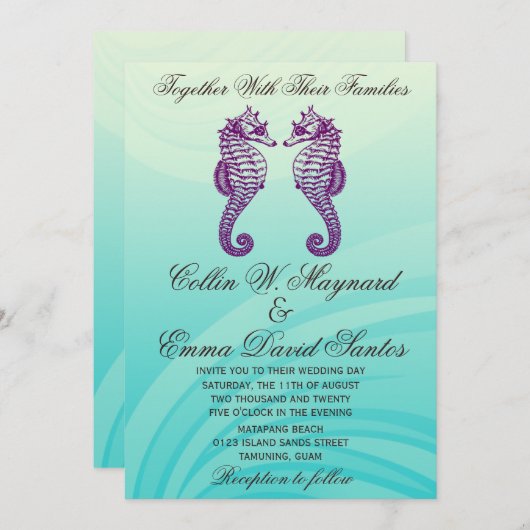 Invitation Mariage à cheval de mer bleu et pourpre (Devant / Derrière)