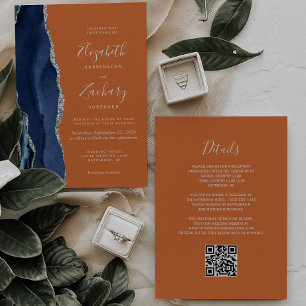Invitation Mariage à code QR bleu marine argent agate rouille