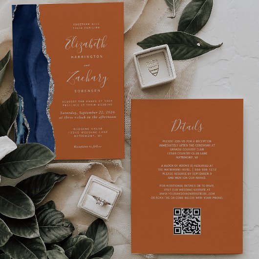 Invitation Mariage à code QR bleu marine argent agate rouille