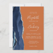 Invitation Mariage à code QR bleu marine argent agate rouille (Devant)