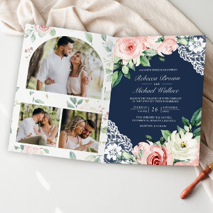 Invitation Mariage à code QR bleu marine en dentelle florale 