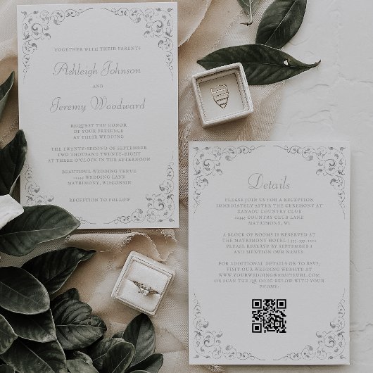 Invitation Mariage à code QR de cadre botanique Silver Script