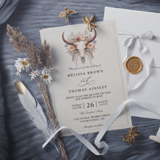 Invitation Mariage à code QR de crâne de vache florale bohème