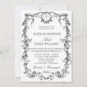 Invitation Mariage à code QR en monogramme floral noir et bla (Devant)