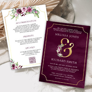 Invitation Mariage à code QR esperluette florale prune rose