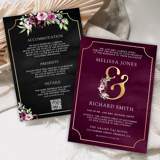 Invitation Mariage à code QR esperluette florale prune rose e