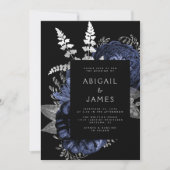 Invitation Mariage à code QR Floral foncé Bleu marine Argent (Devant)