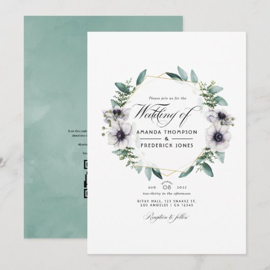Invitation Mariage à code QR géométrique d'anémone d'eucalypt (Devant / Derrière)