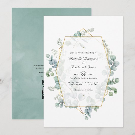 Invitation Mariage à code QR géométrique eucalyptus aquarelle (Devant / Derrière)