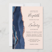 Invitation Mariage à code QR Rose Gold et Agate Bleu Marine (Devant)