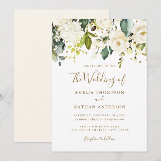 Invitation Mariage à confettis dorés et floraux blancs (Devant / Derrière)