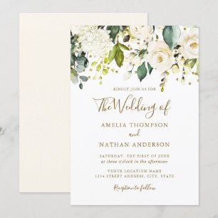 Invitation Mariage à confettis dorés et floraux blancs