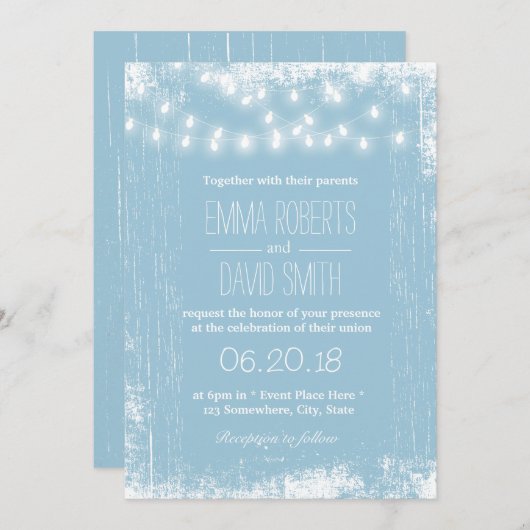 Invitation Mariage à cordes bleu clair rustique (Devant / Derrière)