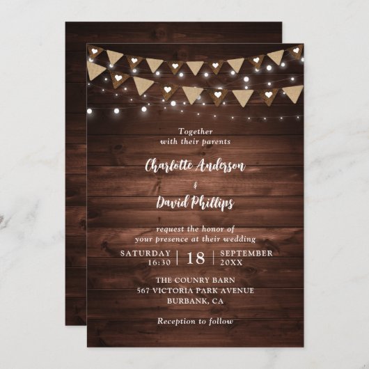 Invitation Mariage à cordes de bois rustique (Devant / Derrière)