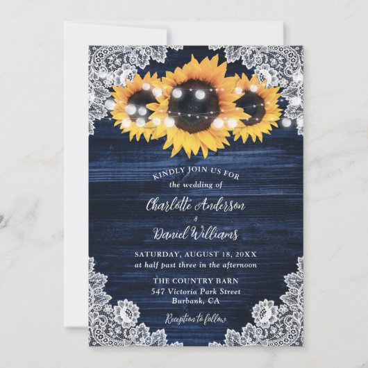 Invitation Mariage à cordes en bois de tournesol bleu marine (Devant)