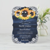 Invitation Mariage à cordes en bois de tournesol bleu marine (Debout devant)