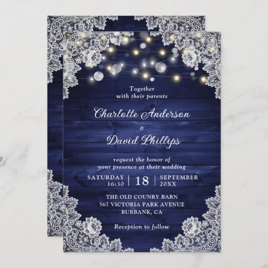 Invitation Mariage à cordes en bois rustique bleu marine (Devant / Derrière)