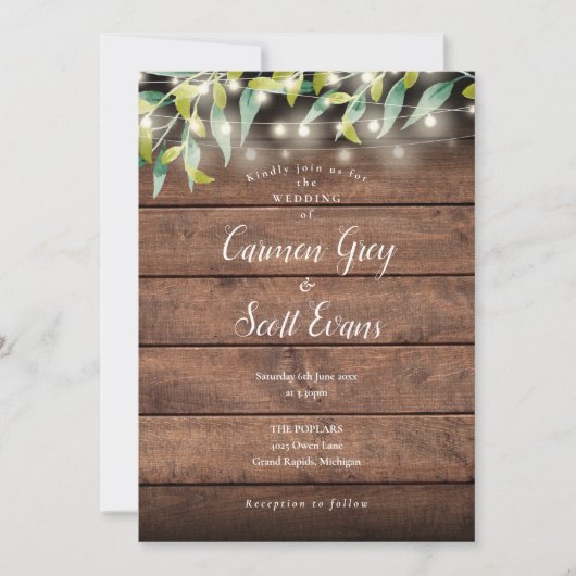 Invitation Mariage à cordes Eucalyptus en bois rustique (Devant)