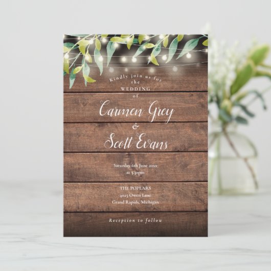 Invitation Mariage à cordes Eucalyptus en bois rustique (Debout devant)