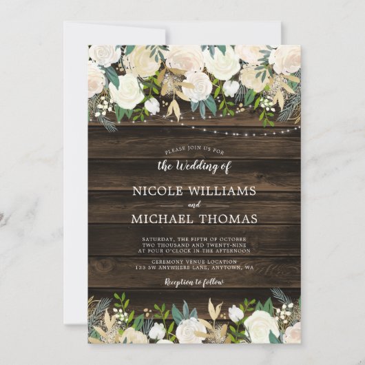 Invitation Mariage à cordes florales blanches rustiques (Devant)