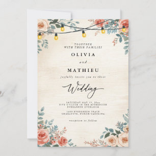 Invitation Mariage à cordes florales de Pêche rustique