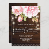 Invitation Mariage à cordes Roses de bois rustique (Devant / Derrière)