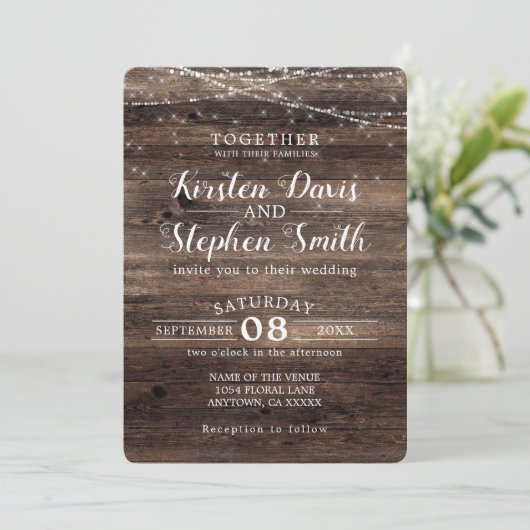 Invitation Mariage à cordes rustiques modernes en bois rustiq (Debout devant)
