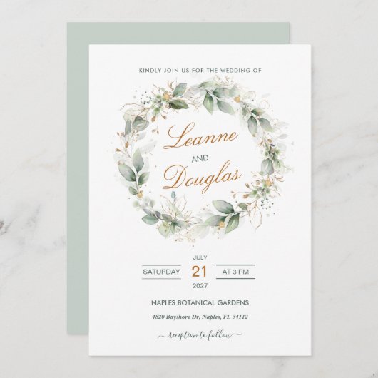Invitation Mariage à couronnes vertes et dorées (Devant / Derrière)