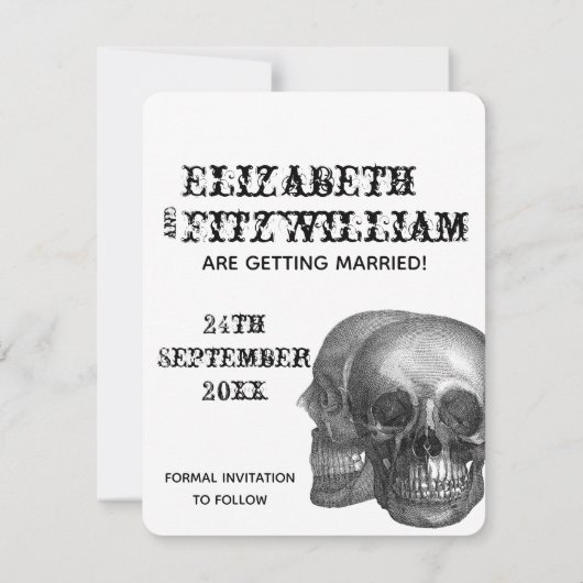 Invitation Mariage à crânes gothiques, Enregistrez la date (Dos)