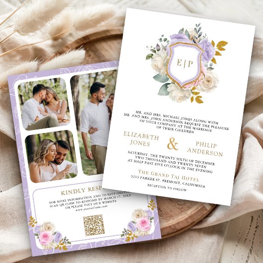 Invitation Mariage à crête de code QR floral rose pastel viol