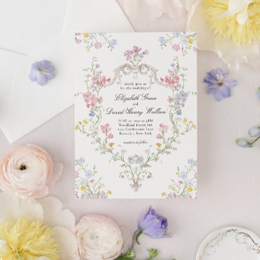 Invitation Mariage à crête florale rococo élégant et fantaisi