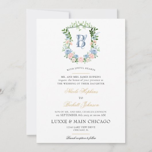 Invitation Mariage à Crête Florale Rose (Devant)